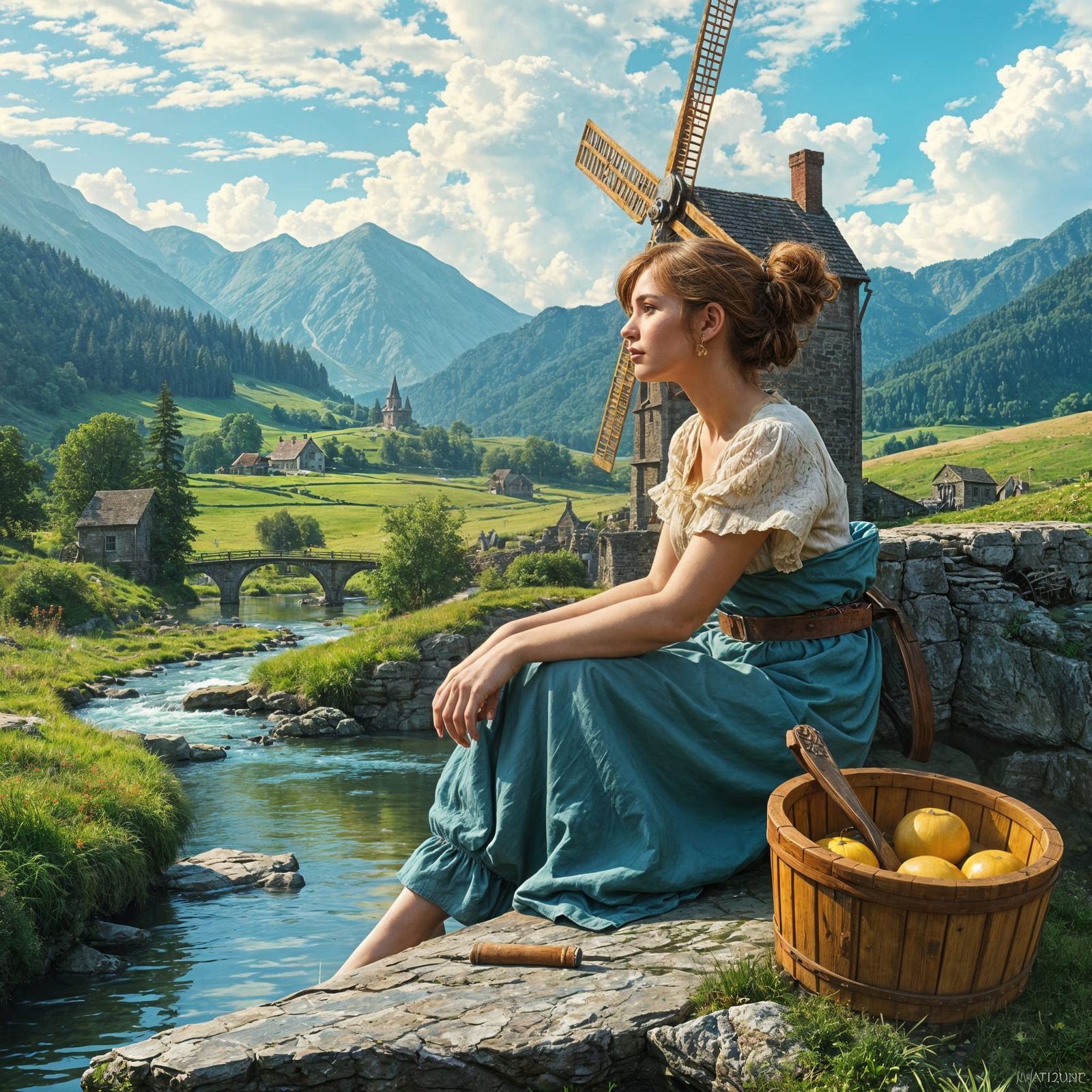 Fantasy Maiden by a Watermill in a Peaceful Valley