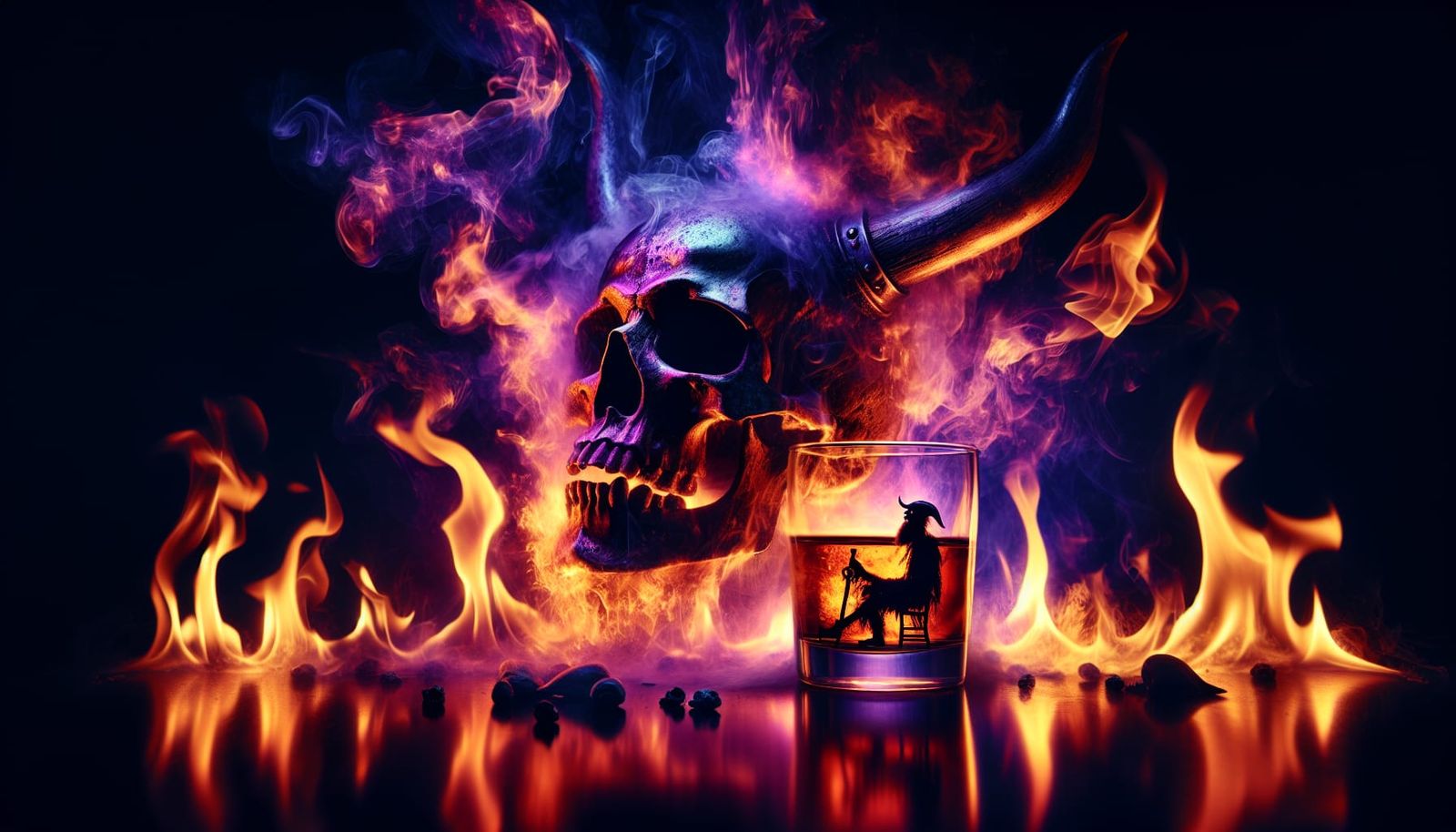 Purple Viking Skull Emerges from Rum in Fiery Gothic Scene