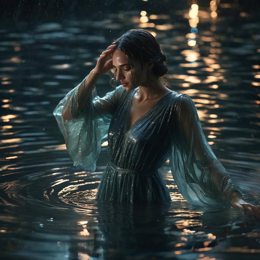 Ethereal Woman Kissing Midnight Pond: Hyperrealistic Digital...