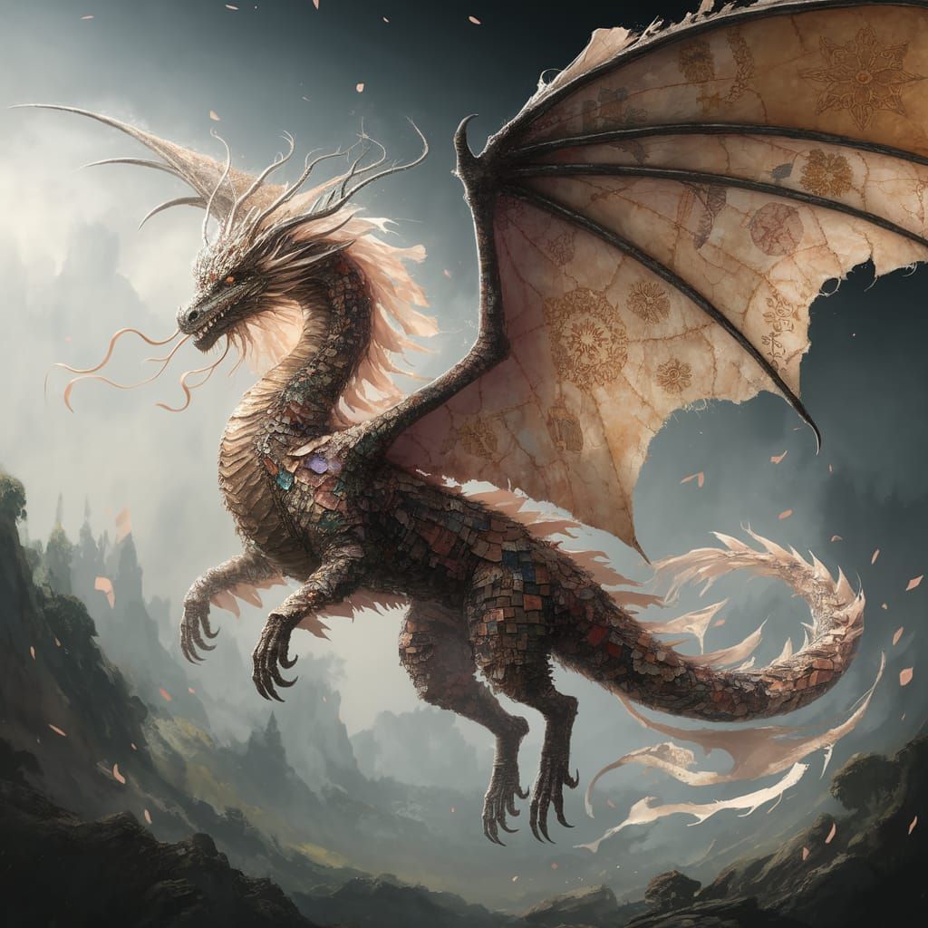 Fabric Dragon Soars Above Mystical Landscape in Vibrant Tape...