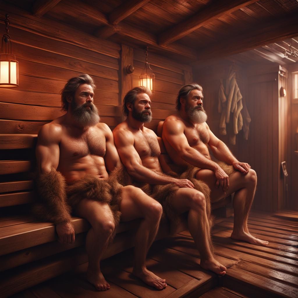 Hairy Men Enjoying a Sauna: Detailed Matte Painting