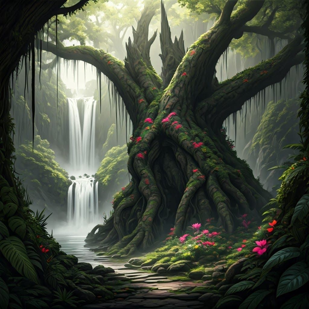 Mystical Jungle Waterfall in Charcoal Drawing Style