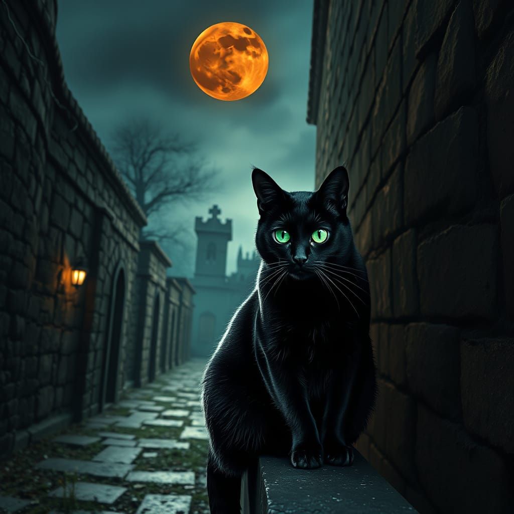 Mysterious Black Cat in a Haunting Cemetery Scene