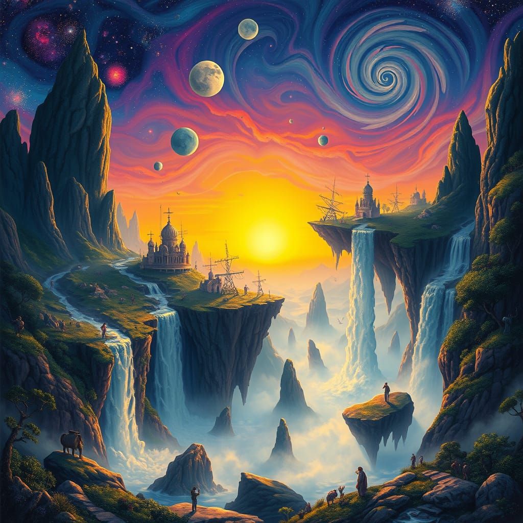 Surreal Landscape with Floating Islands and Dreamlike Creatu...