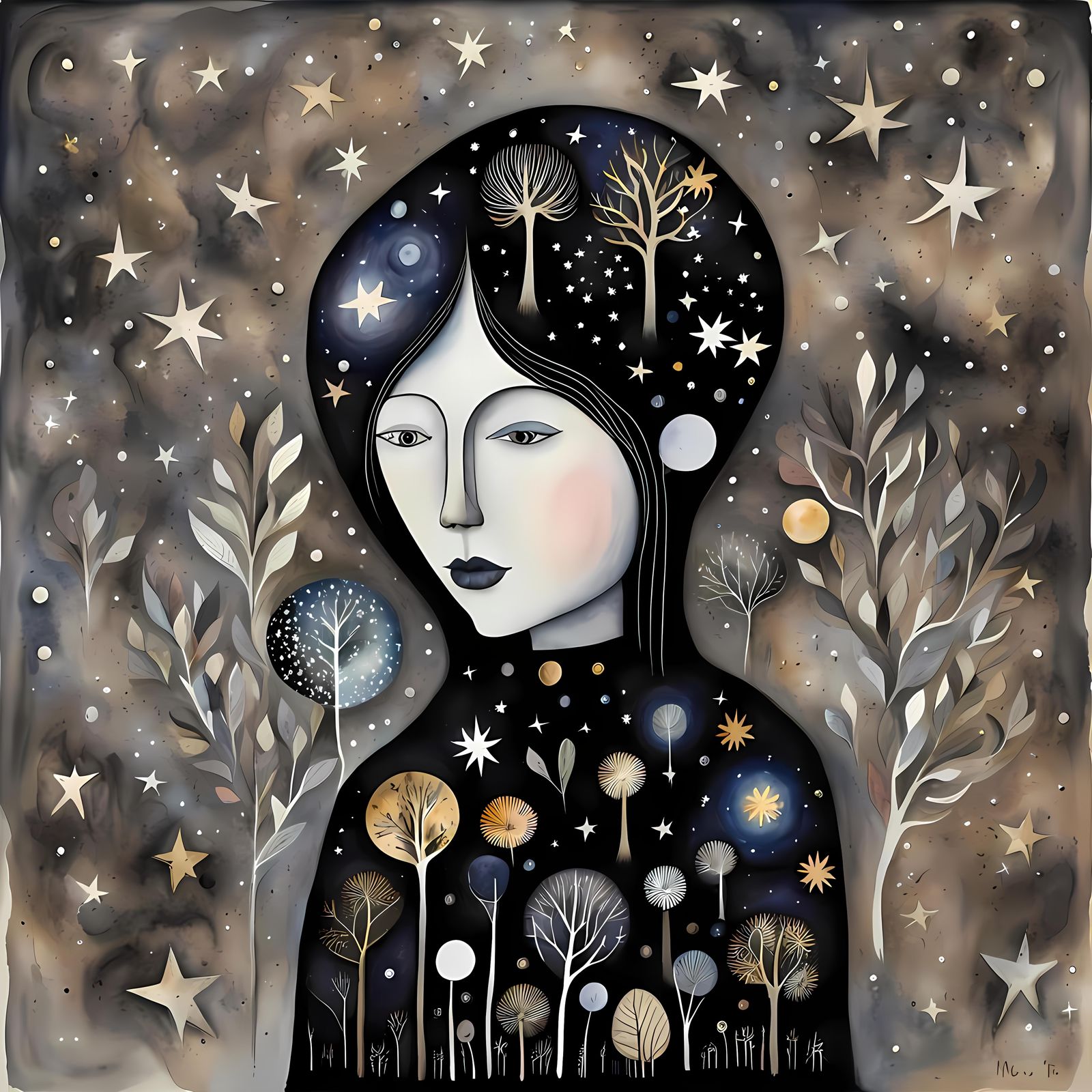 Mysterious Forest Under Starry Cosmos in Watercolor Art Brut