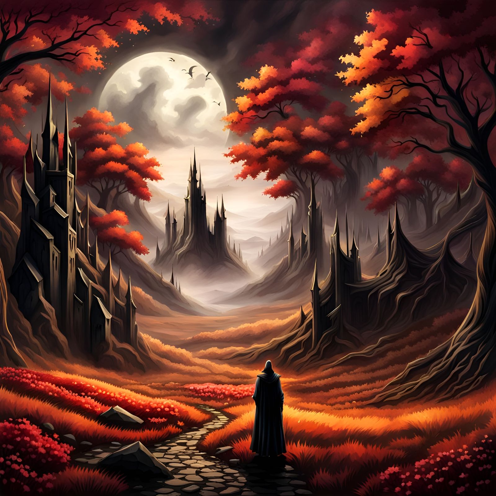 Dark Fantasy Landscape with Shadowy Atmosphere