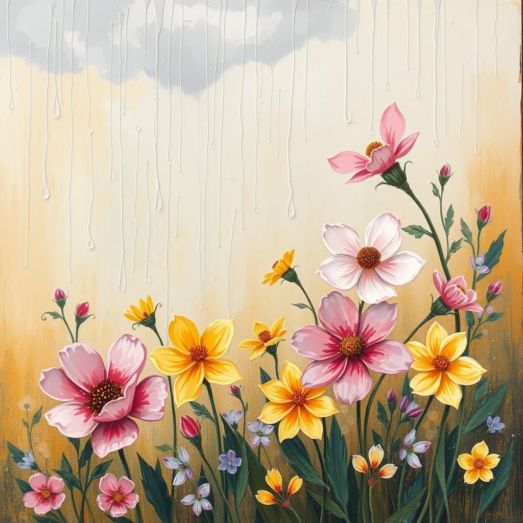 Whimsical Blooming Garden Scene in Textured Oil Paint Style