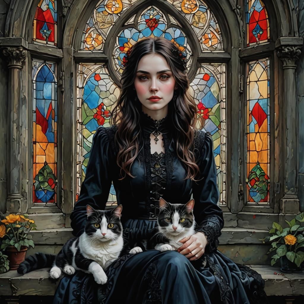 A Woman and her two tuxedo cats