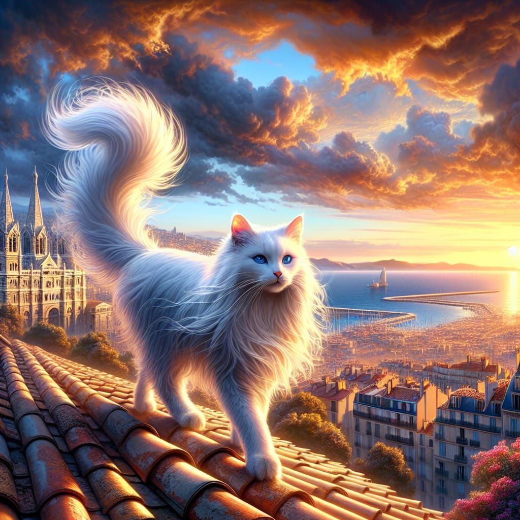Angora Cat Strides Marseilles Rooftop: Matte Painting