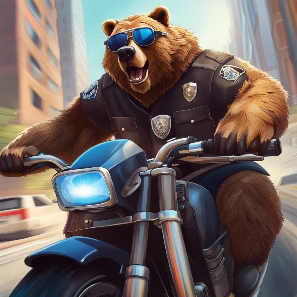Grizzly Bear Cop on Motorcycle, Hyperrealistic Art