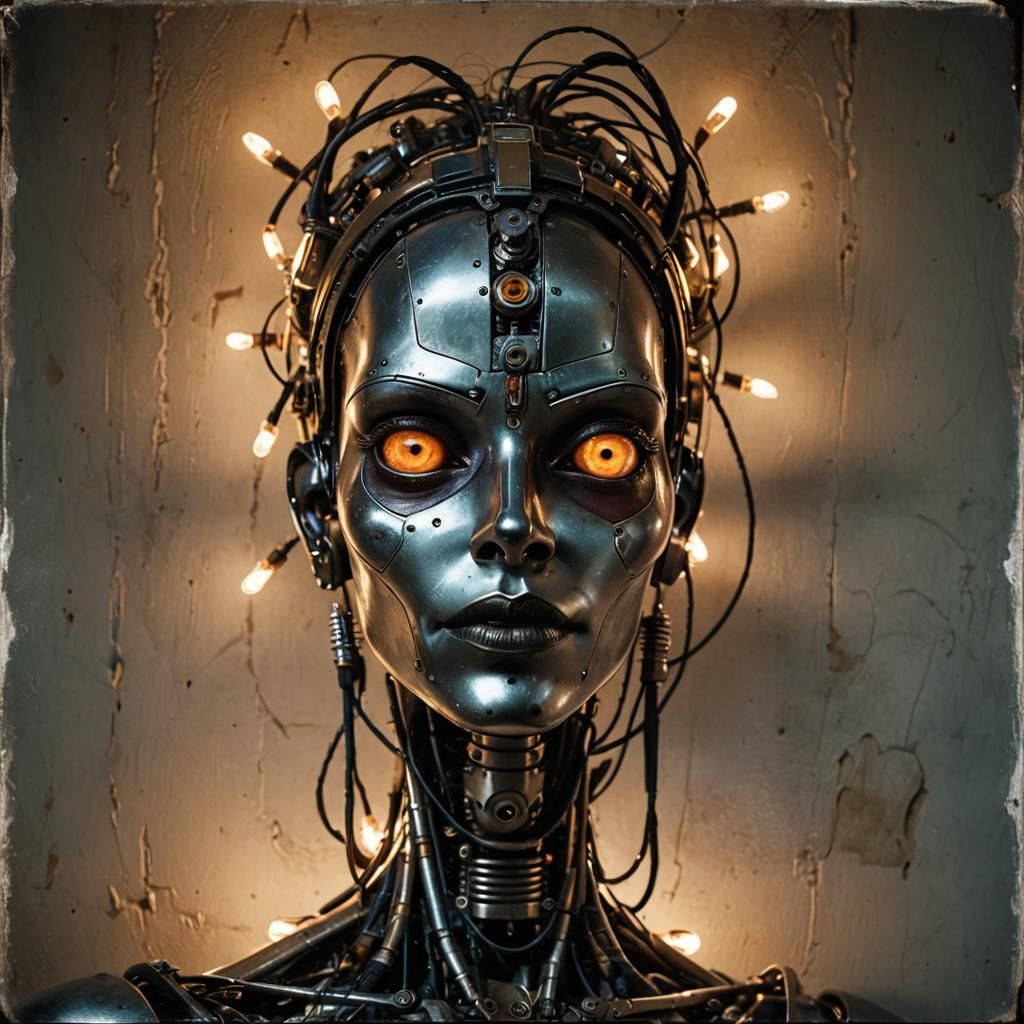 Gorgeous Female Robot Portrait in Grungy Surreal Style