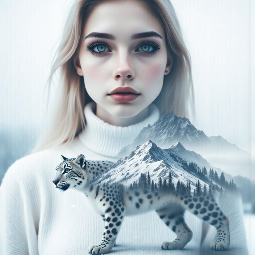 Snow Leopard Double Exposure with Woman and Mountain