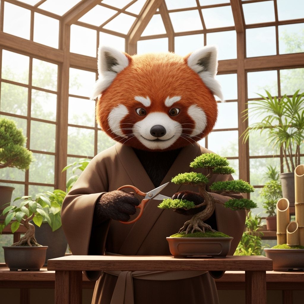 Red Panda Zen Master Pruning Bonsai in Greenhouse