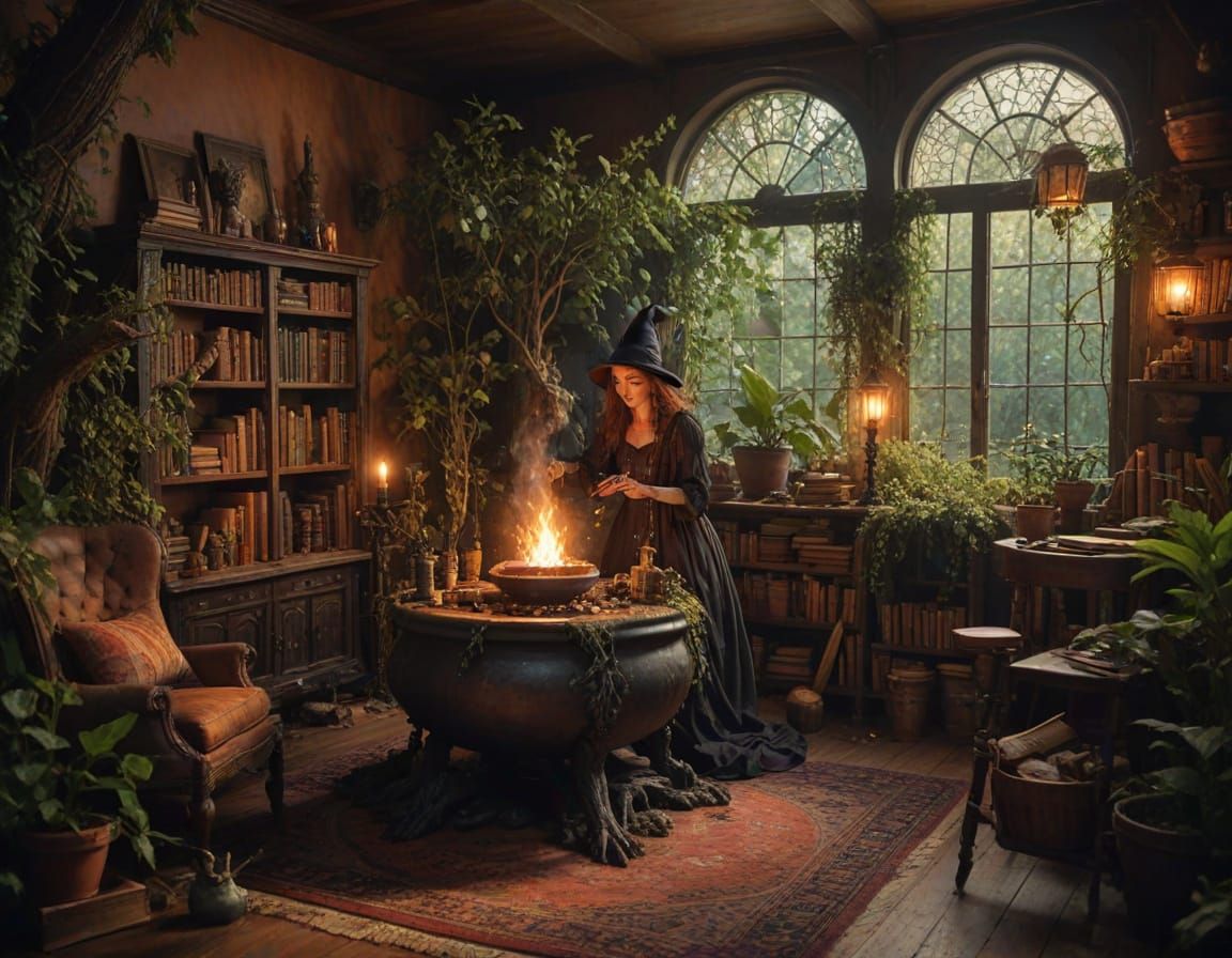 Enchanting Witch's Study with Dragon in Fantasy Illustration