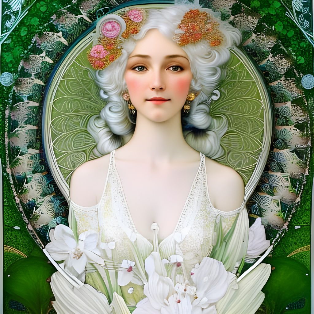 White-Haired Girl with Flowers in Art Nouveau Style
