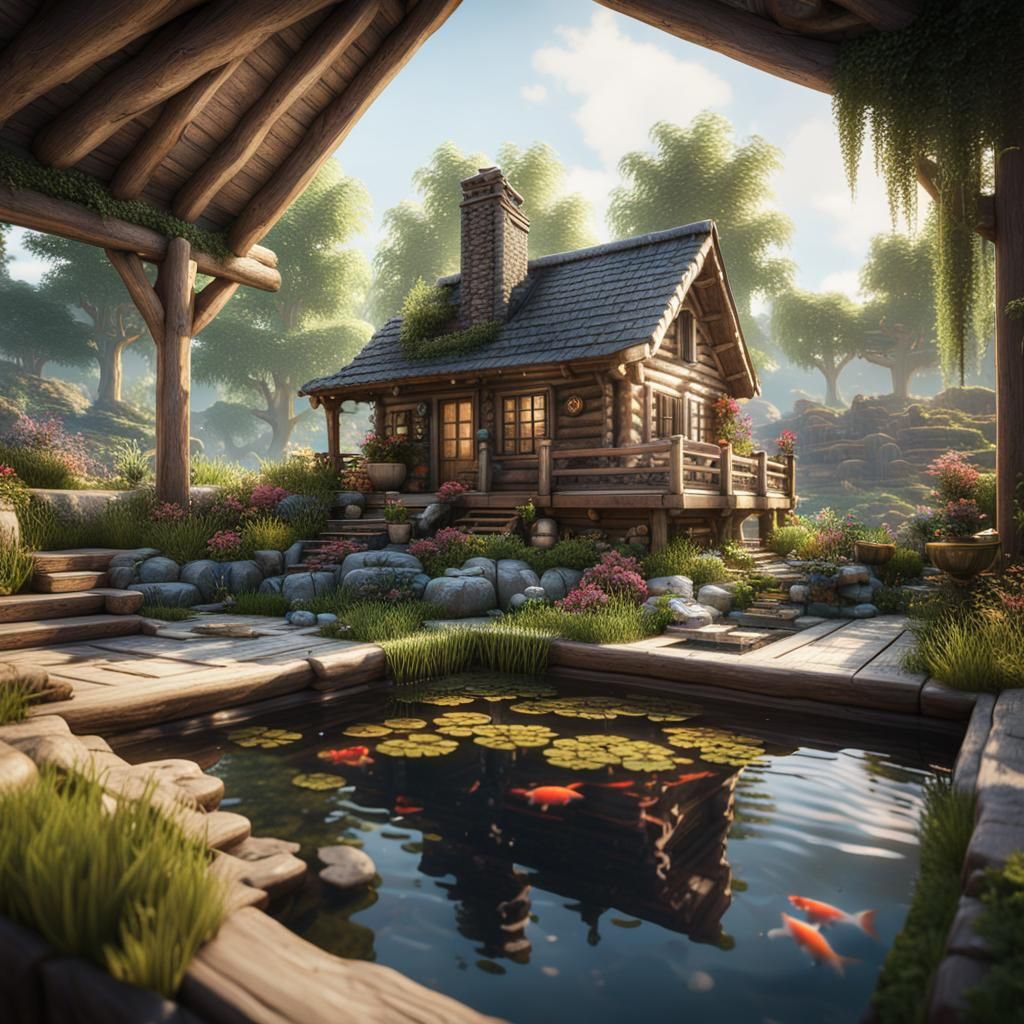 Miniature Log Cabin, Koi Pond: 3D Render