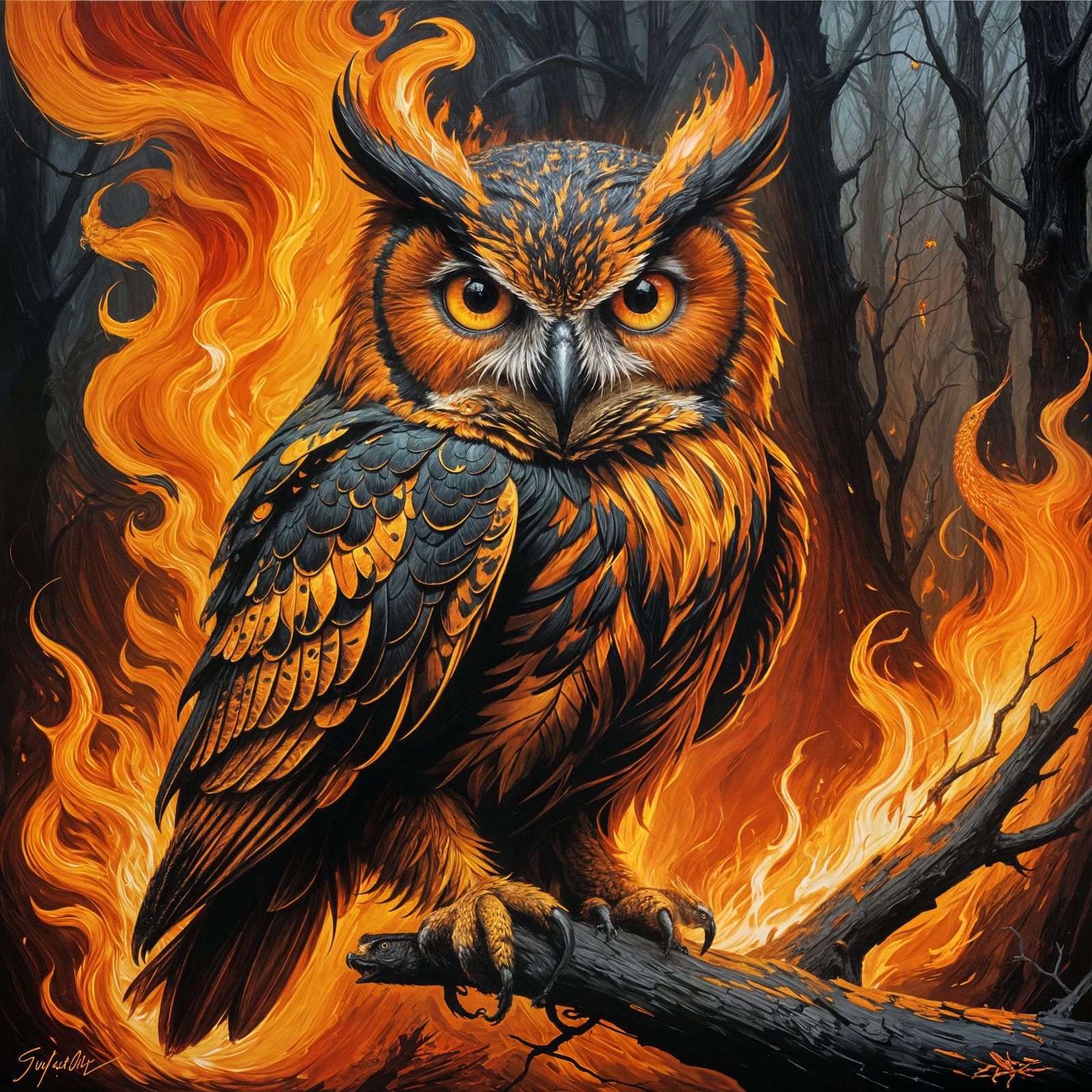 Fiery Owl Oil Painting in Red and Orange