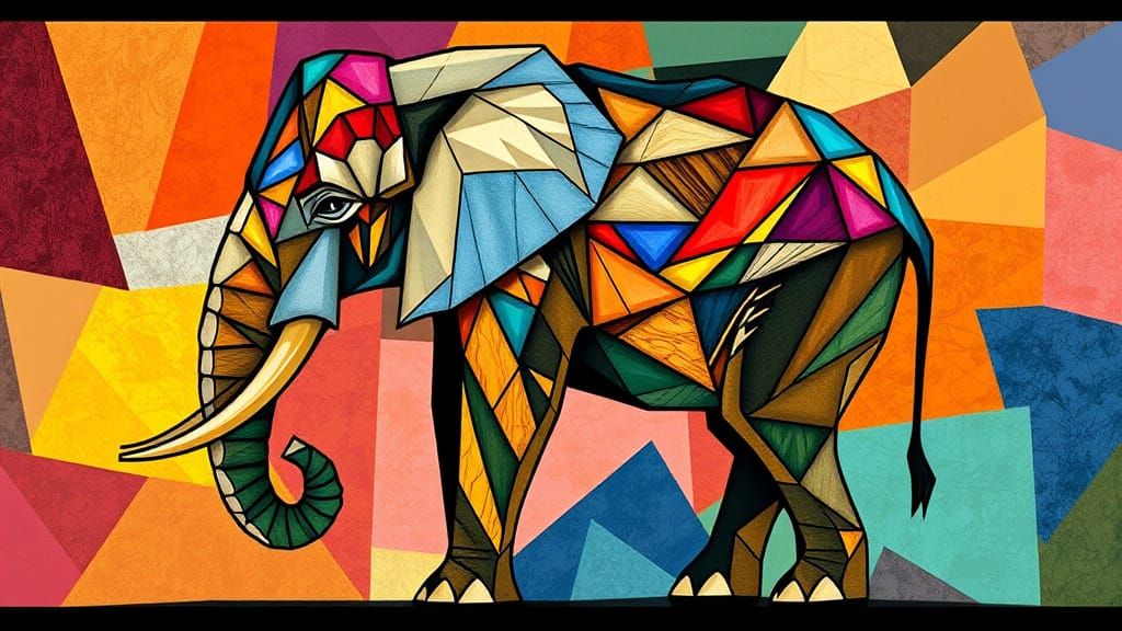 Surreal Elephant in Stained Glass Cubist Style