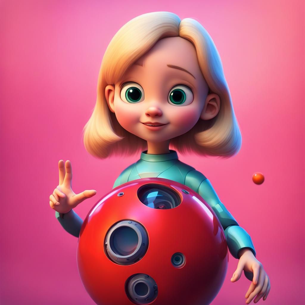 Blonde Girl with Red Robot in Childlike 3D Style