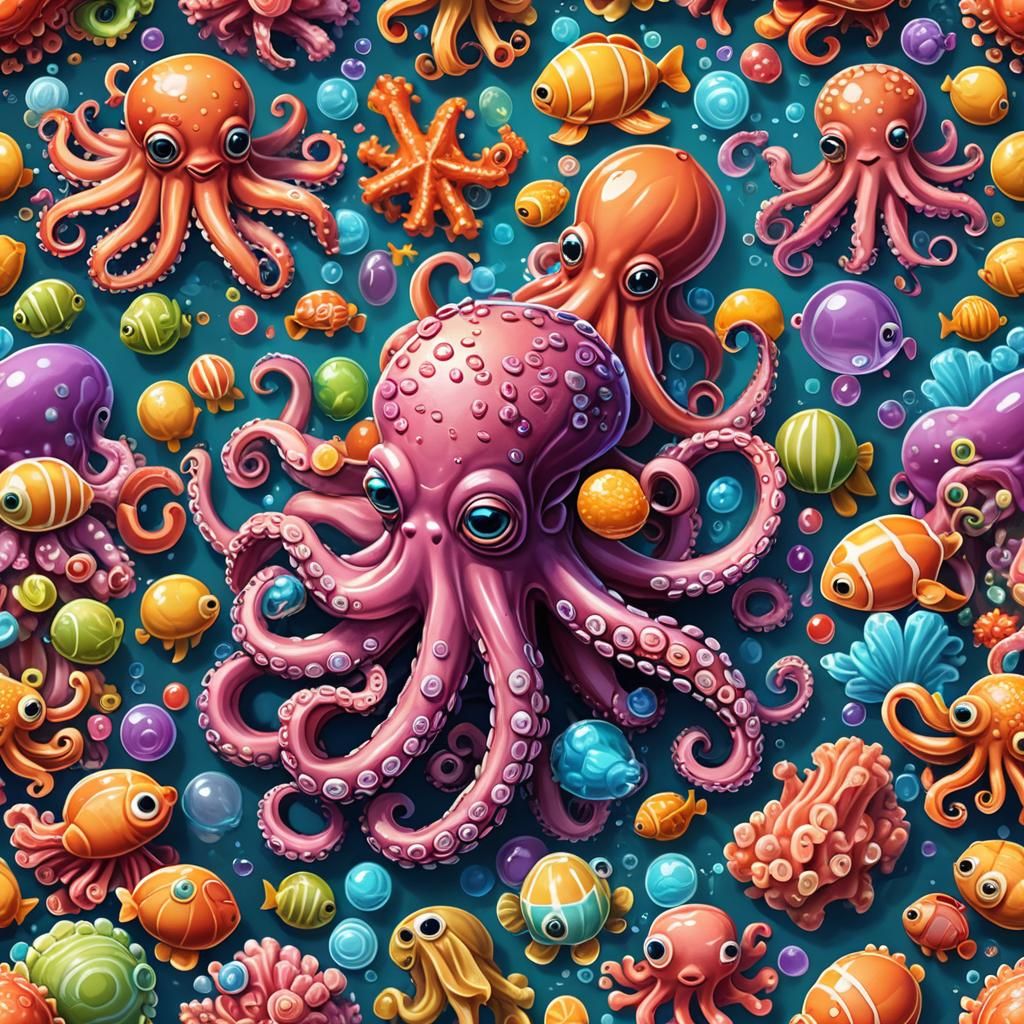 Cartoon Octopus Family in Candy Art Ocean