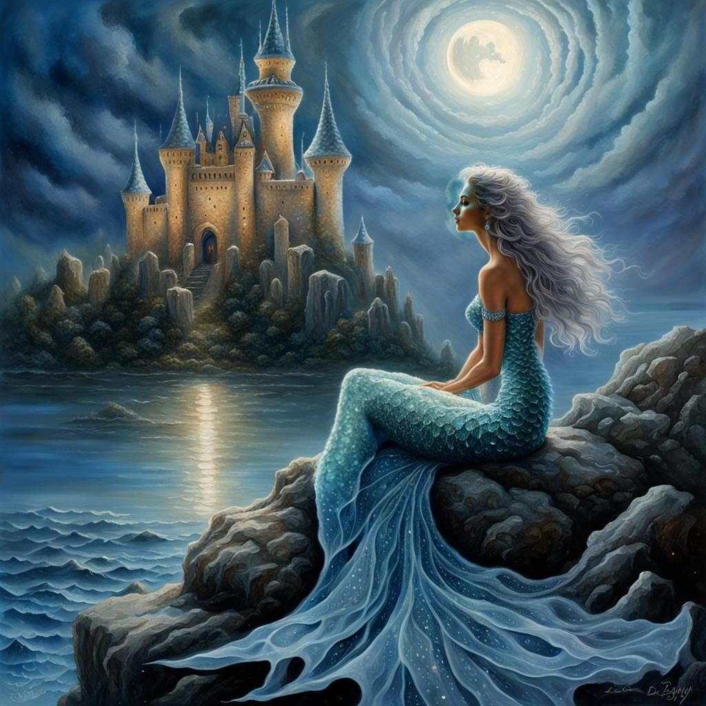 Lonely Mermaid Gazing at Castle in Surrealist Style
