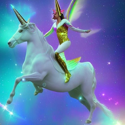 Space Unicorn Soaring Through Stars: Holographic Illustratio...