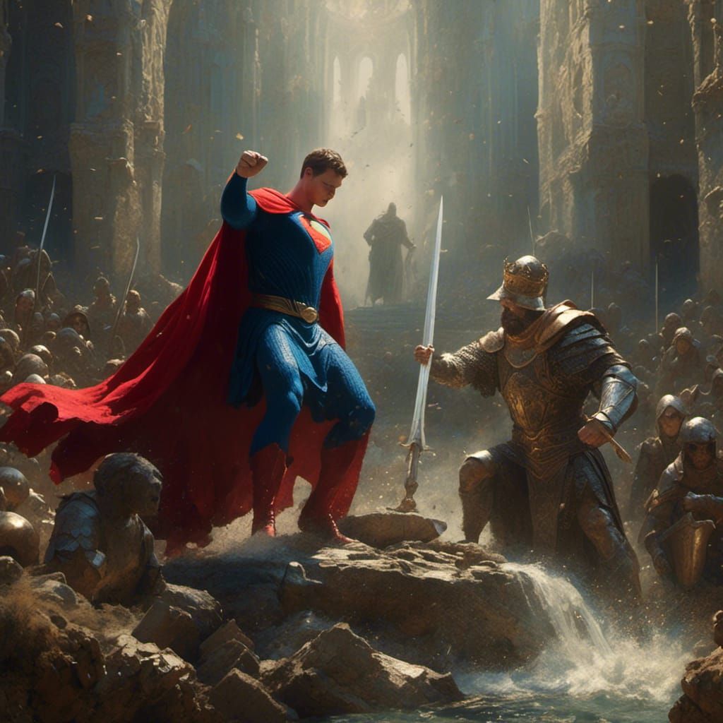 Superman as King Arthur Pulling Excalibur
