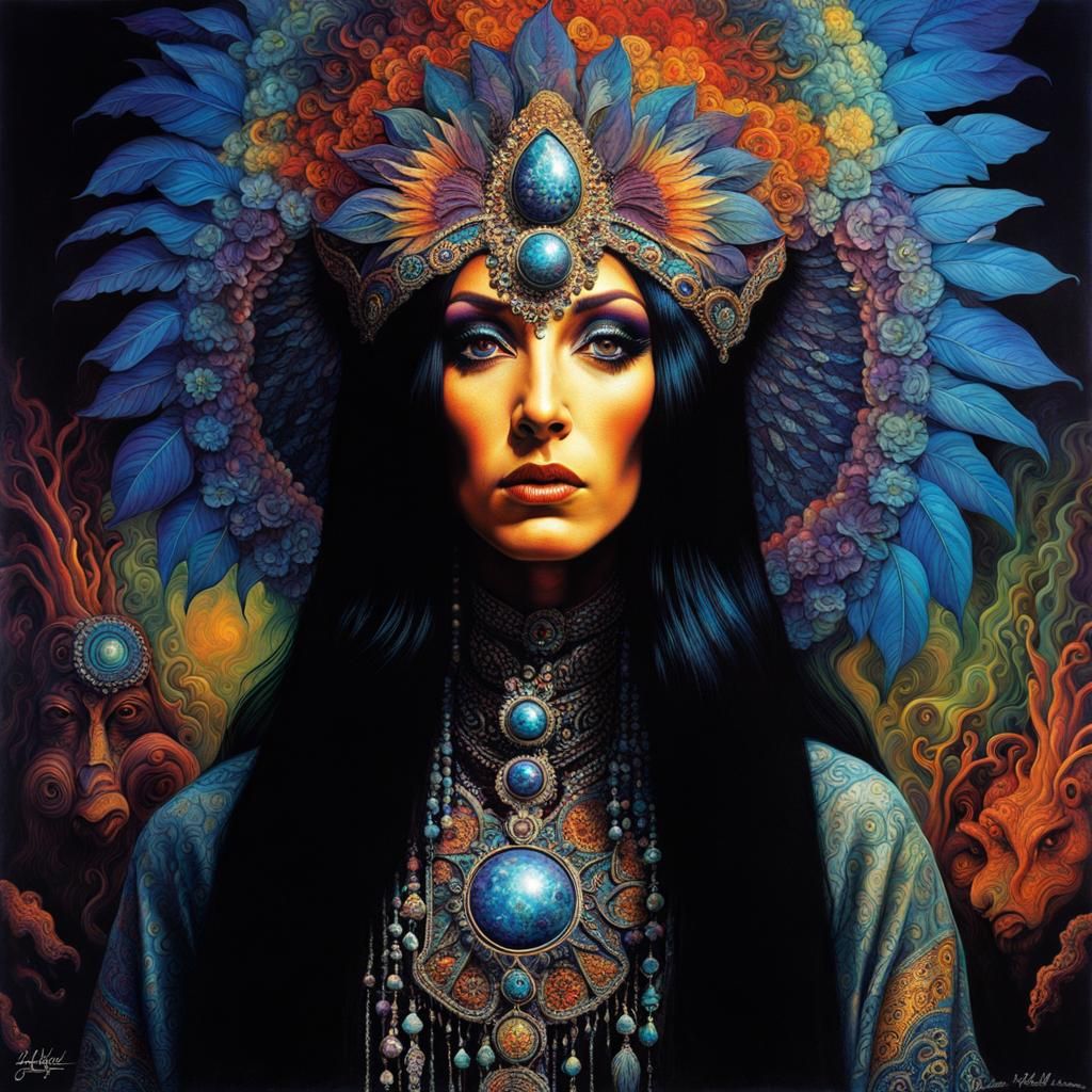 Psychedelic Cher Portrait in Grotesque Style