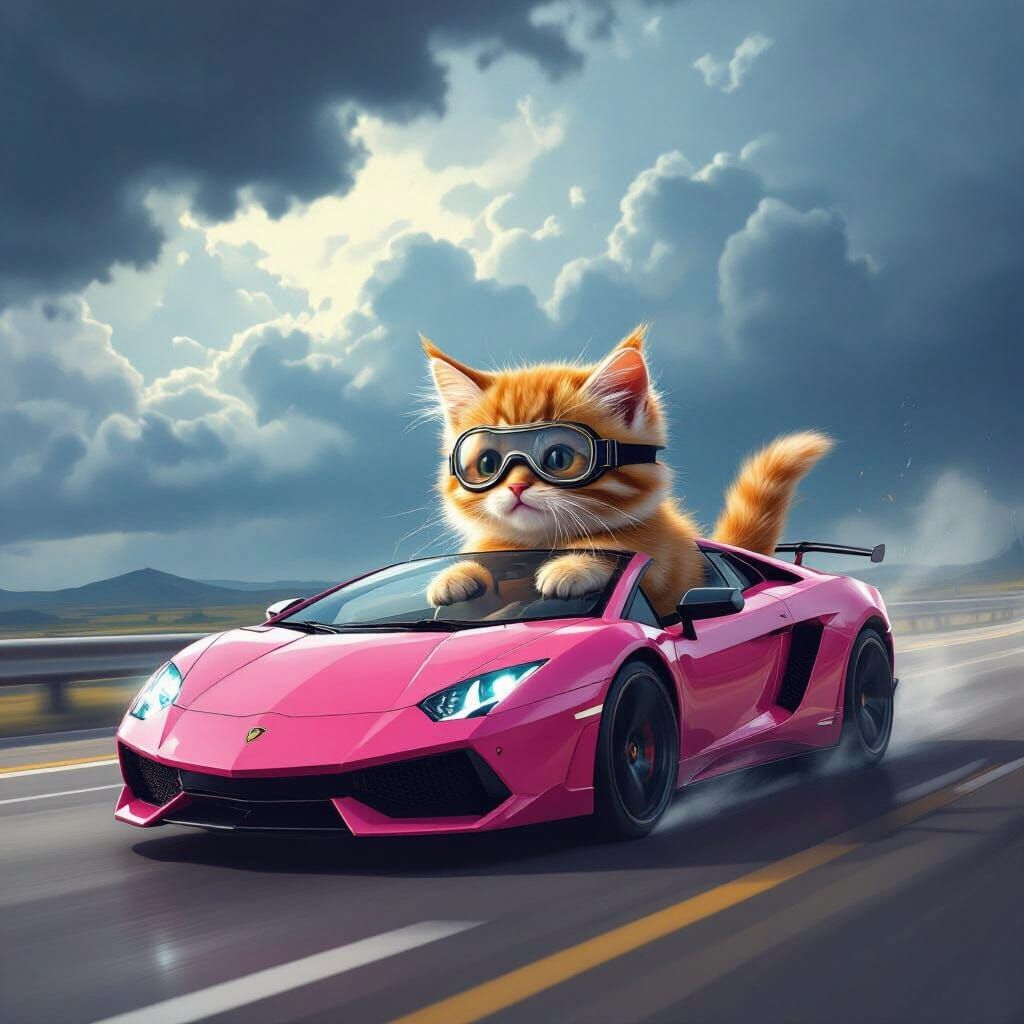 Fluffy Kitten Drives Pink Lamborghini in Dramatic Storm