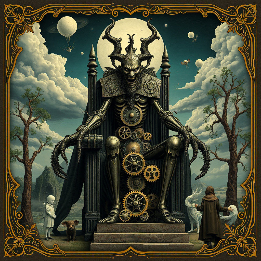 Mechanical Emperor on Gear Throne in Surreal Style