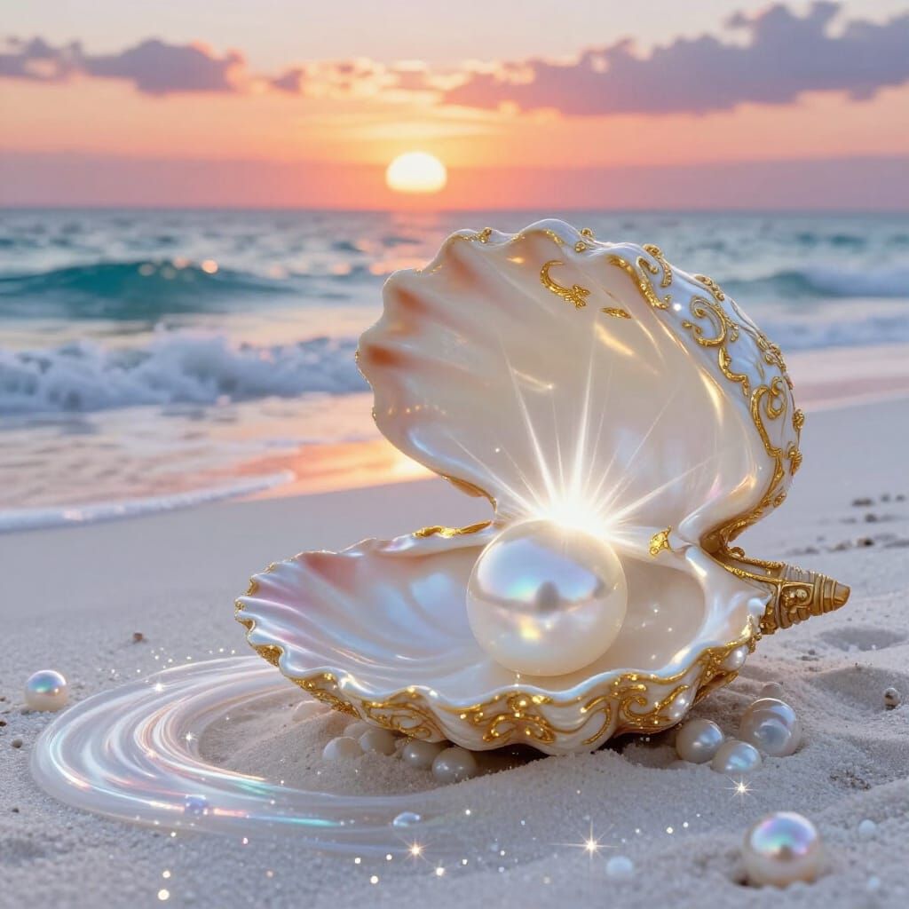 Radiant Pearl in Seashell on Sunset Beach