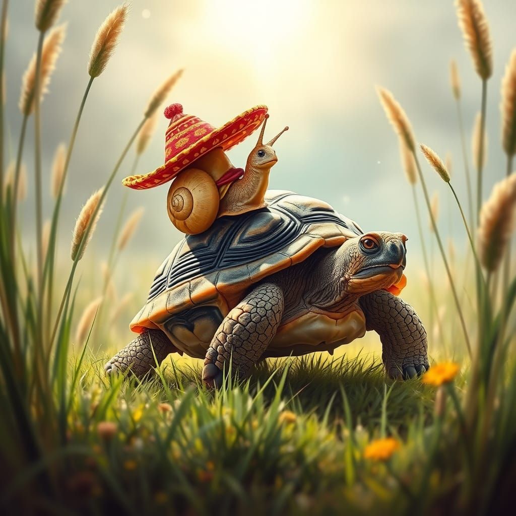 Snails and Tortoises in Sombreros in a Meadow