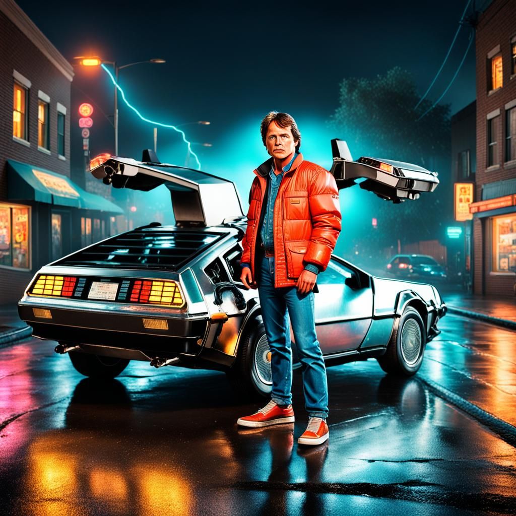 Marty McFly and DeLorean in Neon 80s Scene