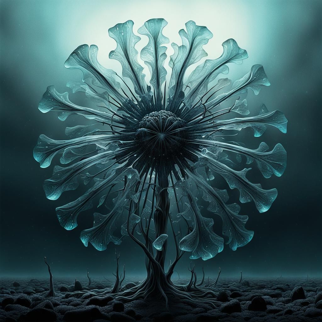 Crystalline Flower in Dark Expanse: Surreal Biomechanical Ar...