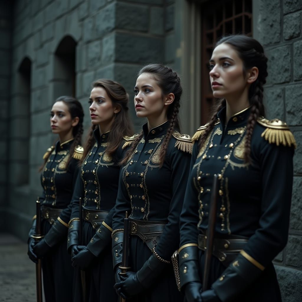 Young Women in Futuristic Prison Guard Uniforms Stand at Bla...