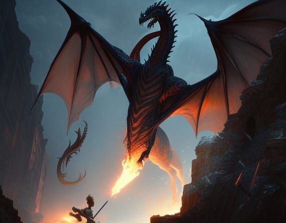Girl Battles Dragon in Dark Fantasy Style