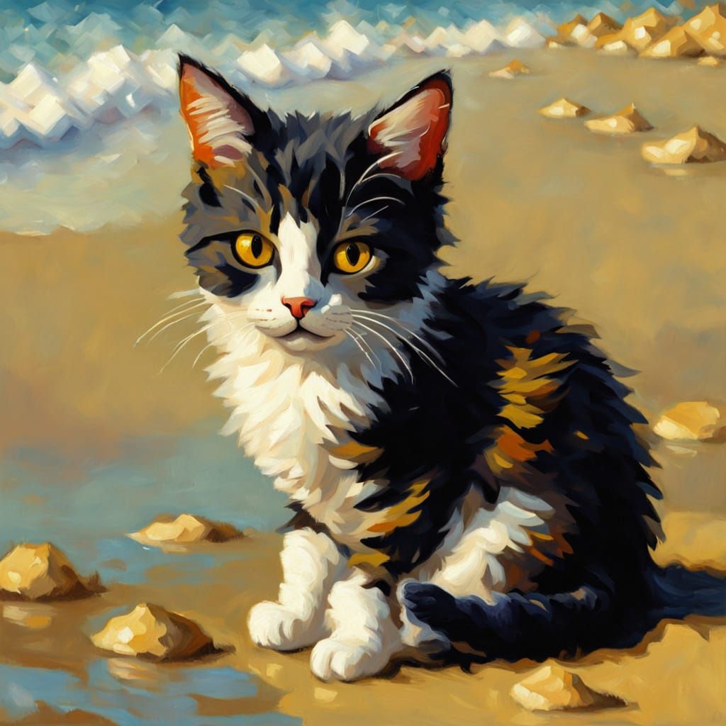 Impressionistic Oil Painting of a Small Cat on Beach