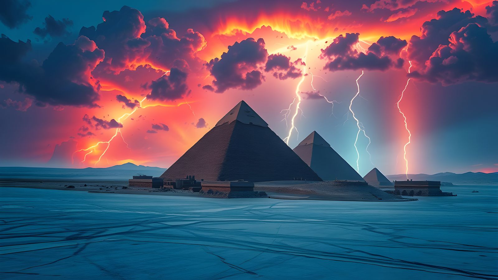 Neon Lightning Storm Over Giza Pyramids