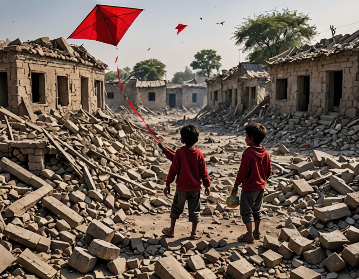 Boy Flies Kite in Wartorn Village, Symbol of Hope