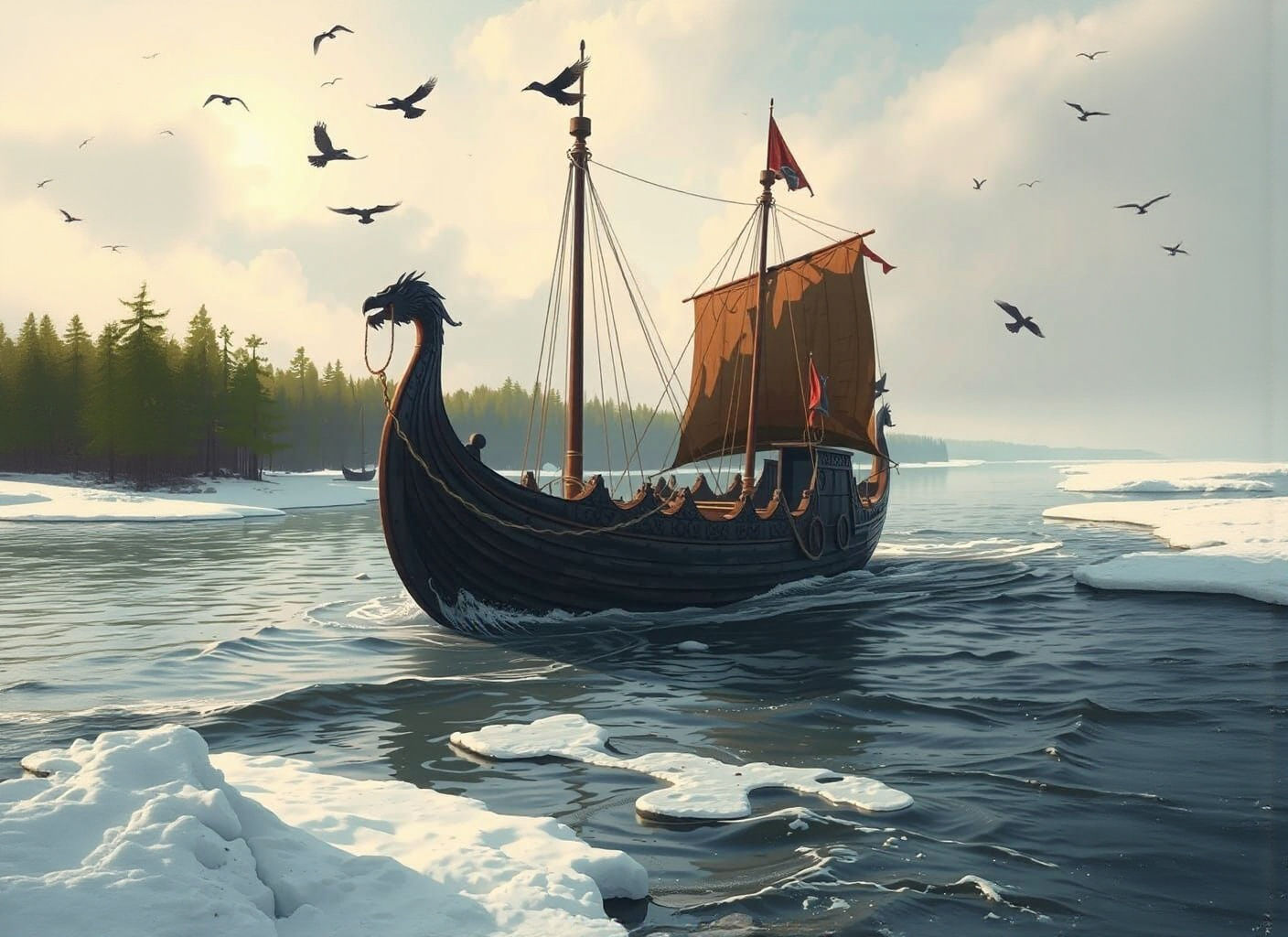 Viking Longship Enters River: Pre-Raphaelite Style