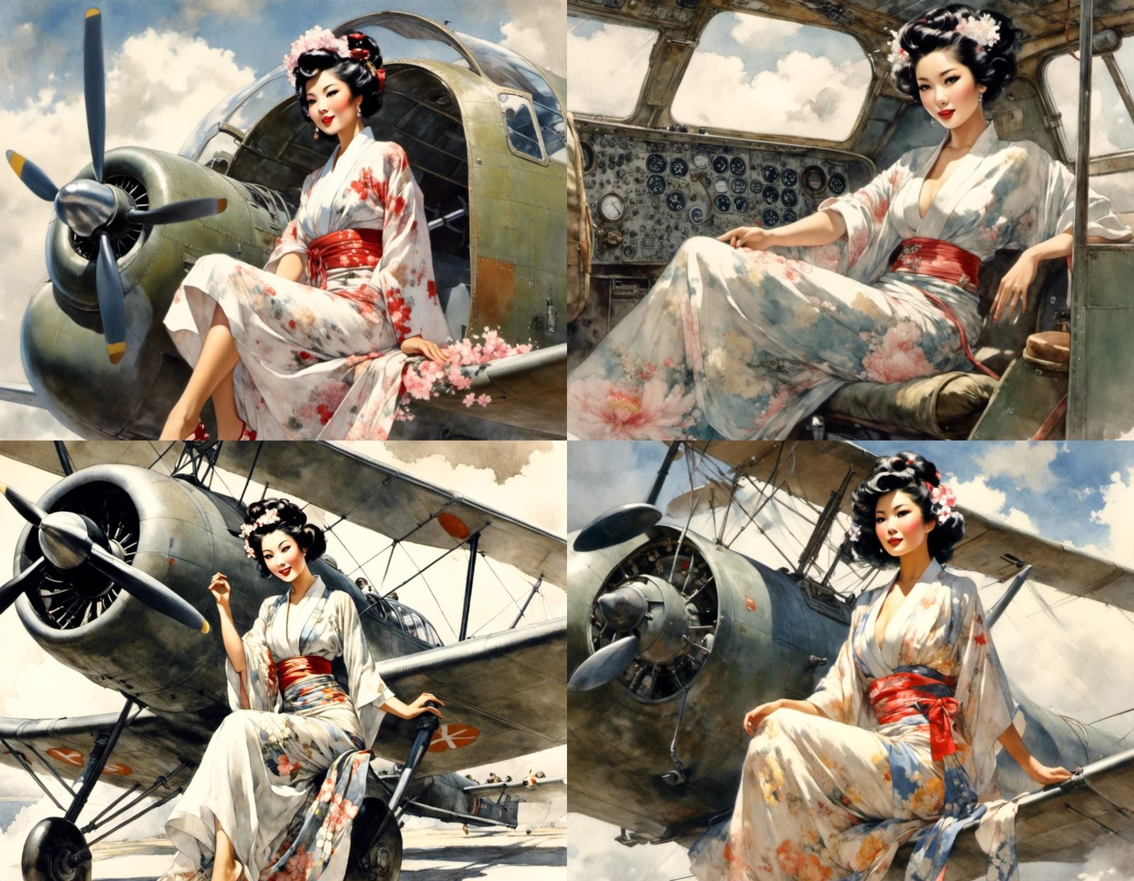 Japanese Pin-Up on Airplane Wing in Sketch Art
