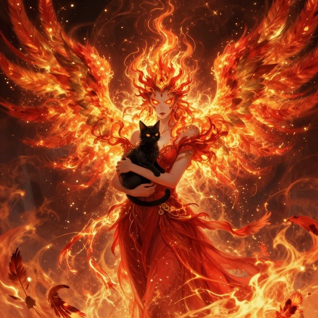 Fiery Phoenix Woman With Black Cat