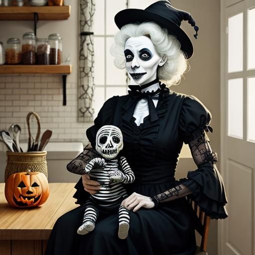 Happy Mummy in Kitchen, Tim Burton Style
