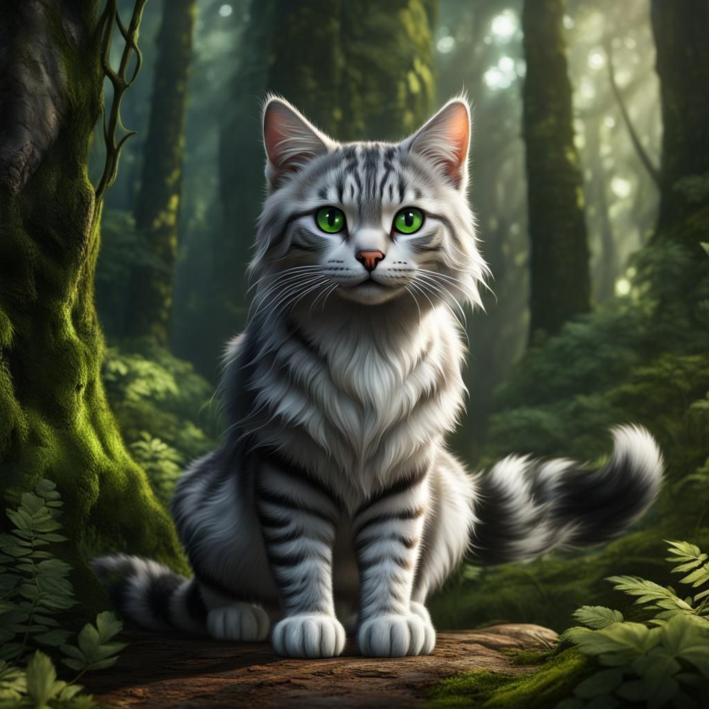 Silver Tabby Cat in Forest, Fantasy Concept Art