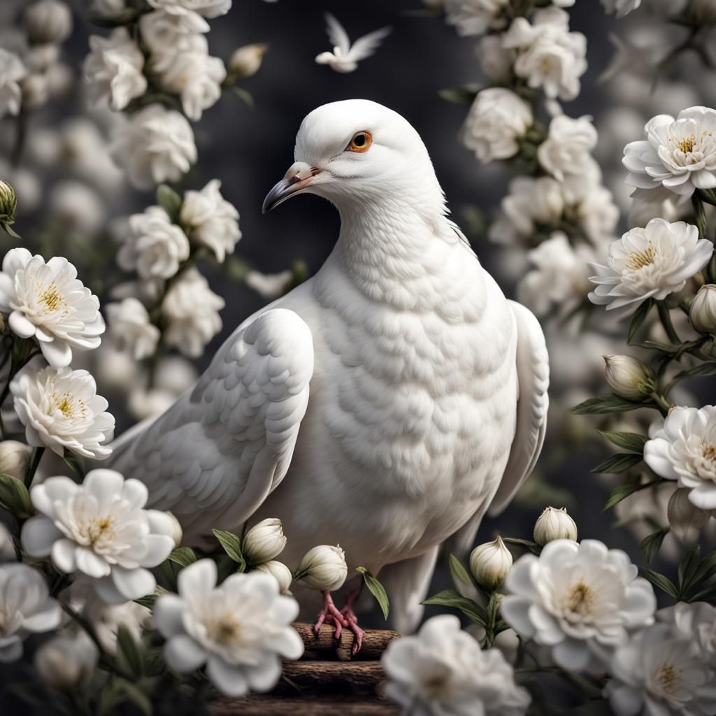 White Dove in Floral Embrace: Hyperrealistic Image
