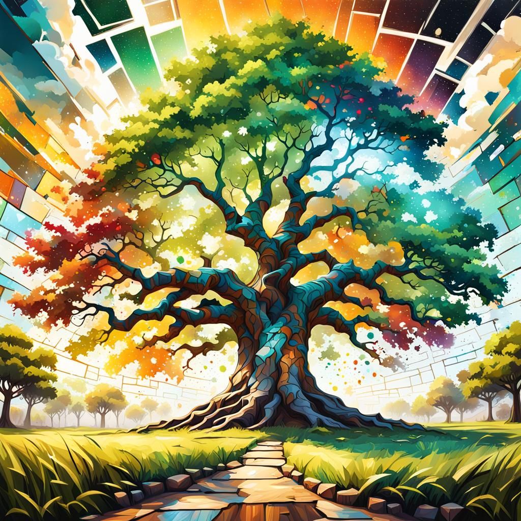 Stained Glass Sky Over Broken Glass Landscape