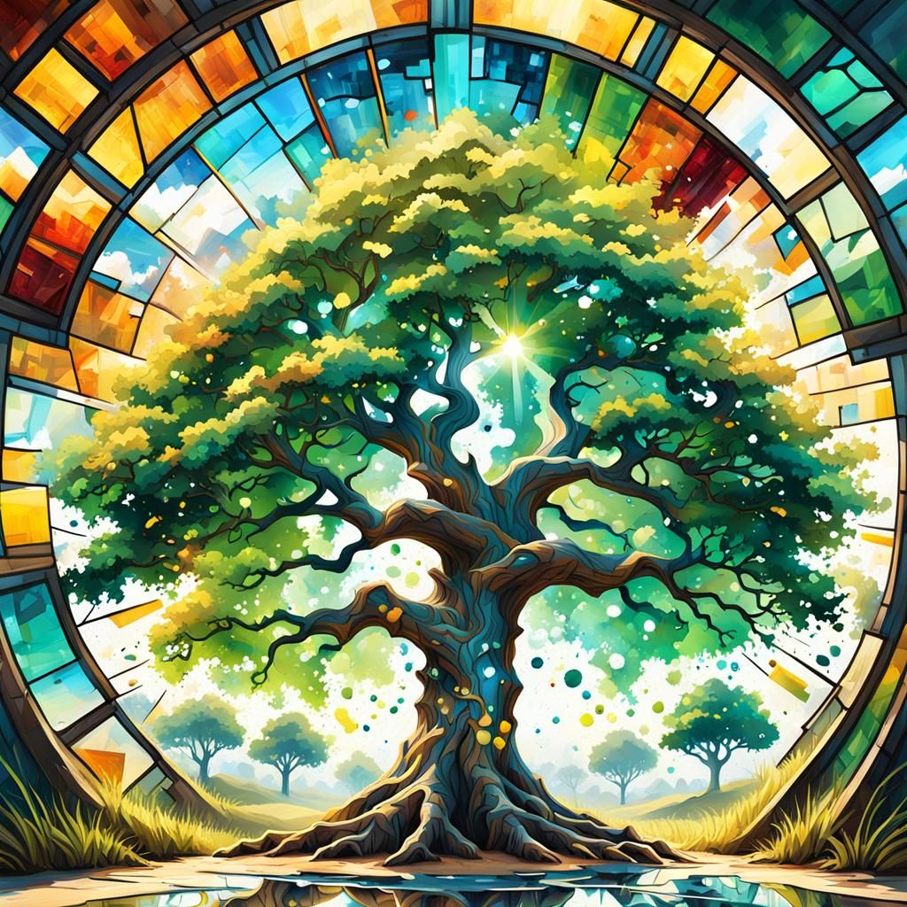 Oak Tree with Stained Glass Sky in Graffiti Art