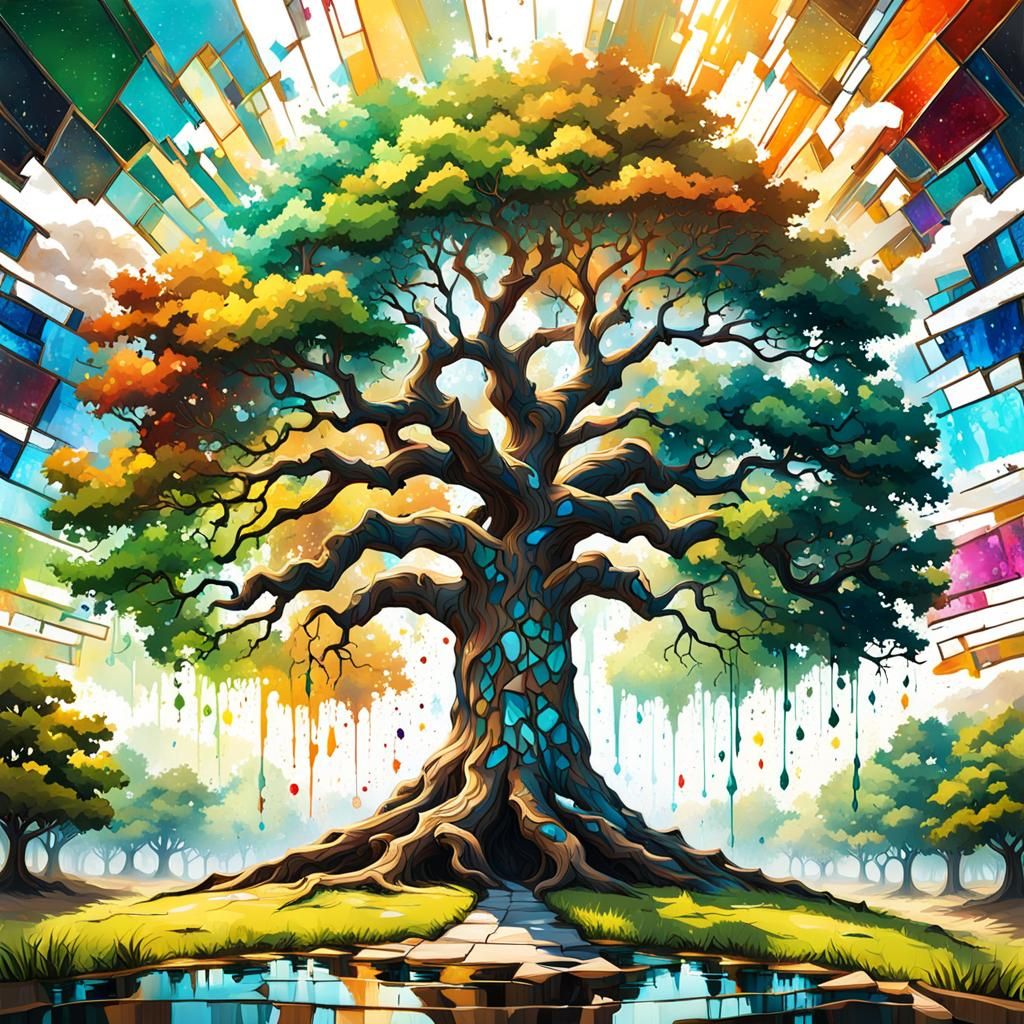 Giant Oak Tree with Stained Glass Sky, Graffiti Art