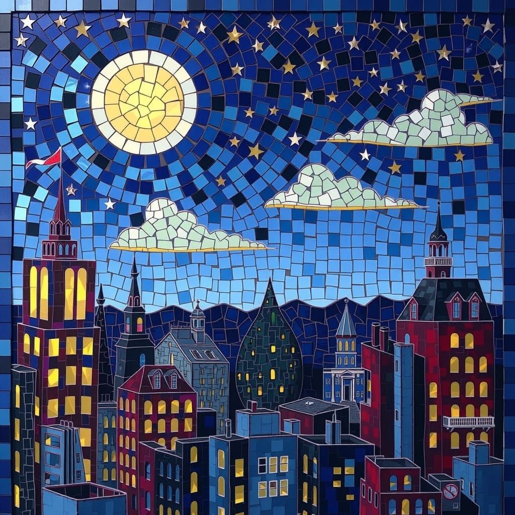 Expressionist Mosaic Cityscape at Twilight