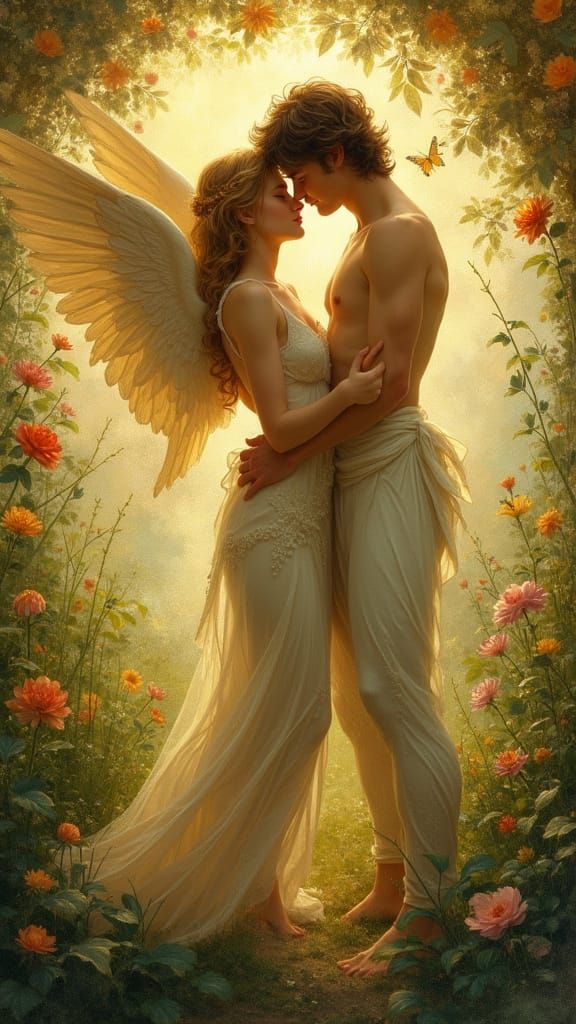 Cupid and Psyche Embrace in Enchanted Garden